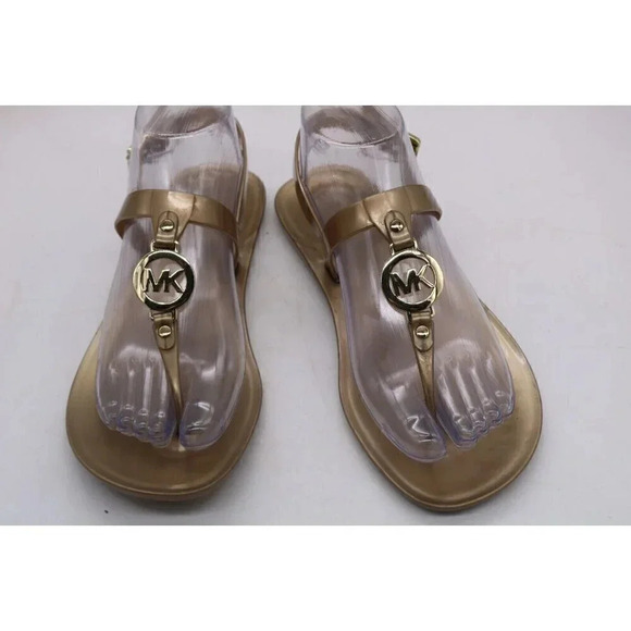 Michael Kors Womens Lillie Gold Size 7 MK Logo Plate Jelly Thong PVC Sandals - Picture 10 of 11